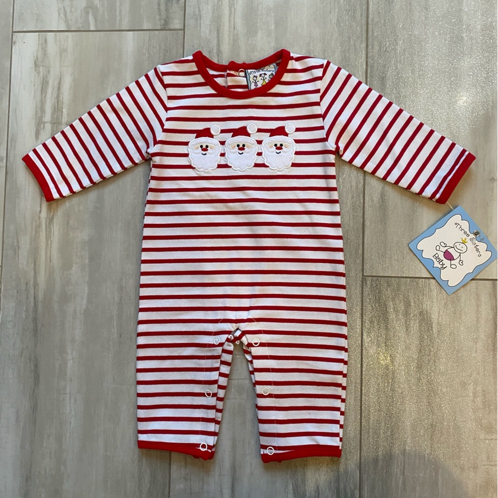 NWT Three Sisters Red and White Striped Santa Appliqué Jumpsuit Romper boys 3M